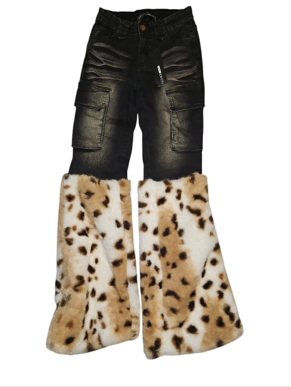 Nwt! Faux Fur Trim Cargo Flare Jeans